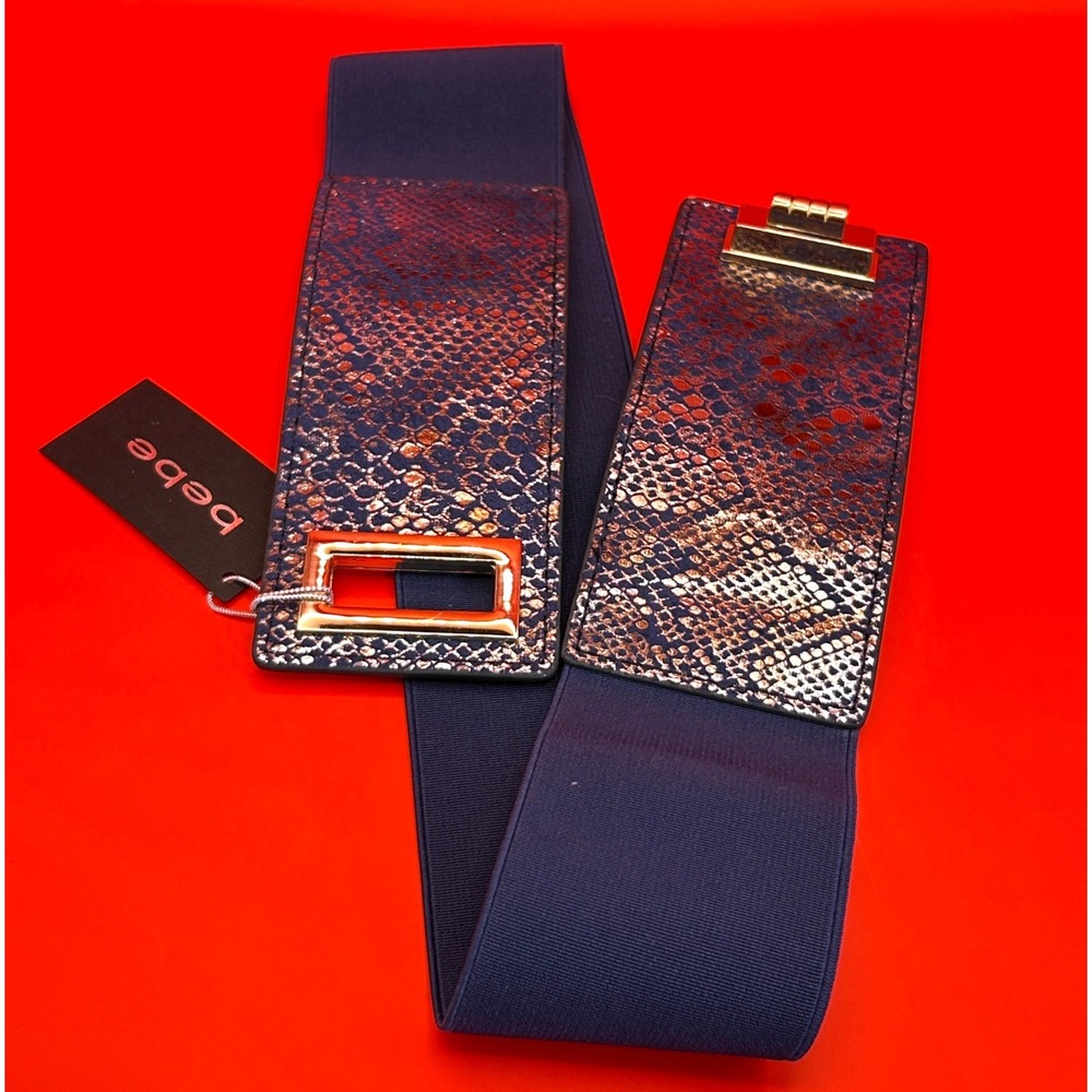 Bebe Y2K Exotic Turnlock Stretch Belt Blue Gold Snakeskin Embossed M/L NEW